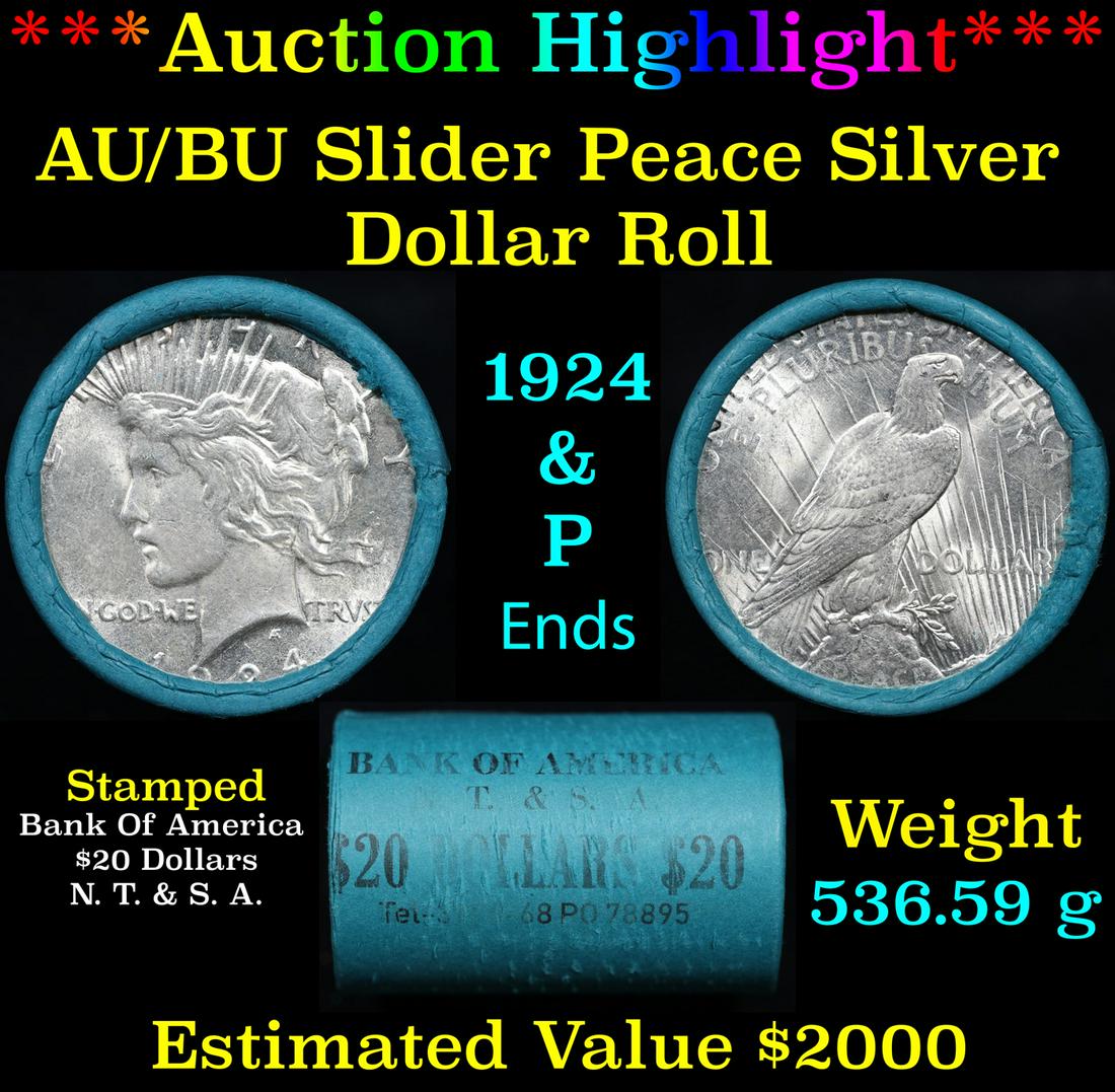 ***Auction Highlight*** Bank Of America 1924 & 'P' Ends Mixed Morgan/Peace Silver dollar roll, 20: ***Auction Highlight*** Bank Of America 1924 & 'P' Ends Mixed Morgan/Peace Silver dollar roll, 20 coin. This roll is held in an old Steel strong wrapper, patented 'Bank Of America T & S $20 Dollars'.