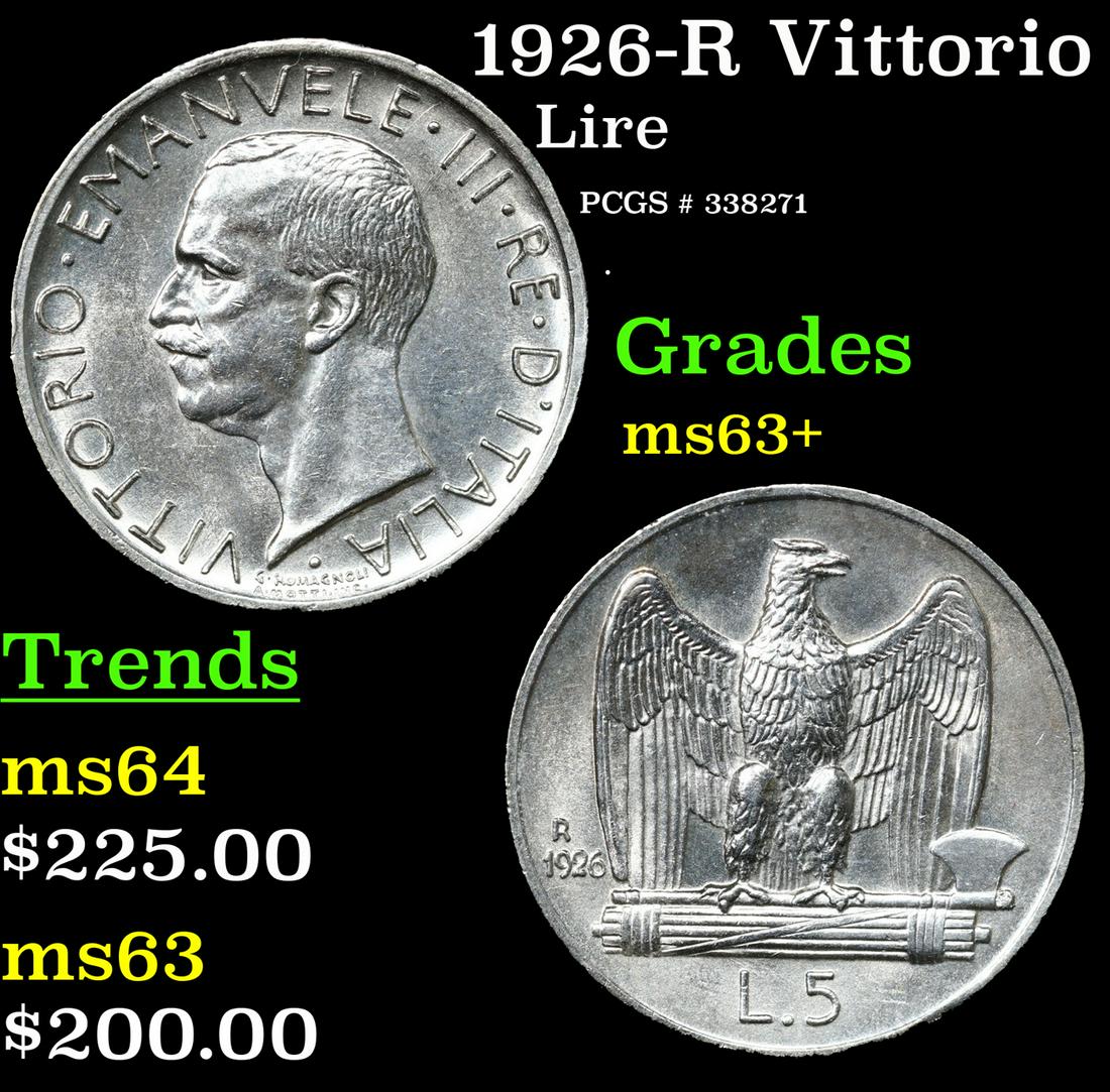 1926-R Vittorio Emanuele III Italy 5 Lire KM-67 Grades Select+ Unc: 1926-R Vittorio Emanuele III Italy 5 Lire KM-67 Grades Select+ Unc.