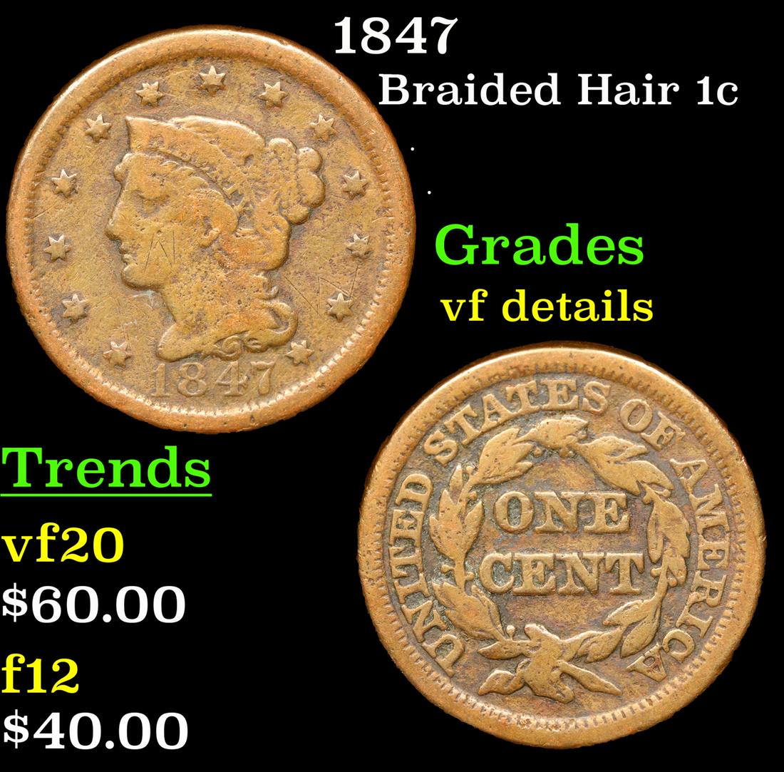 1847 Braided Hair Large Cent 1c Grades vf details (1 of 3)