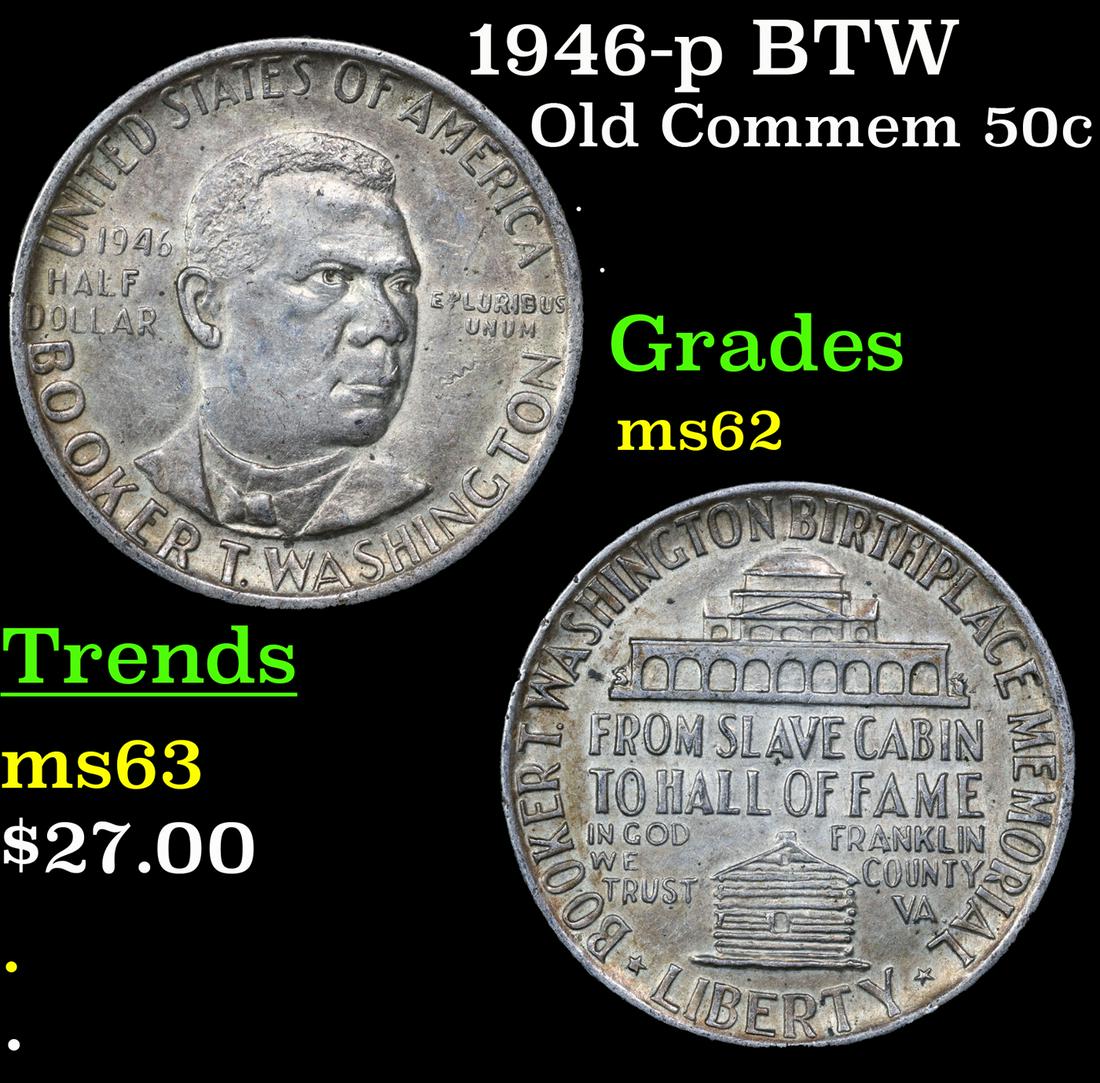 1946-p BTW Old Commem Half Dollar 50c Grades Select Unc: 1946-p BTW Old Commem Half Dollar 50c Grades Select Unc. When examining a Booker T. Washington commemorative look for wear on the high points, on the obverse that is Mr. Washington's right Cheek (from