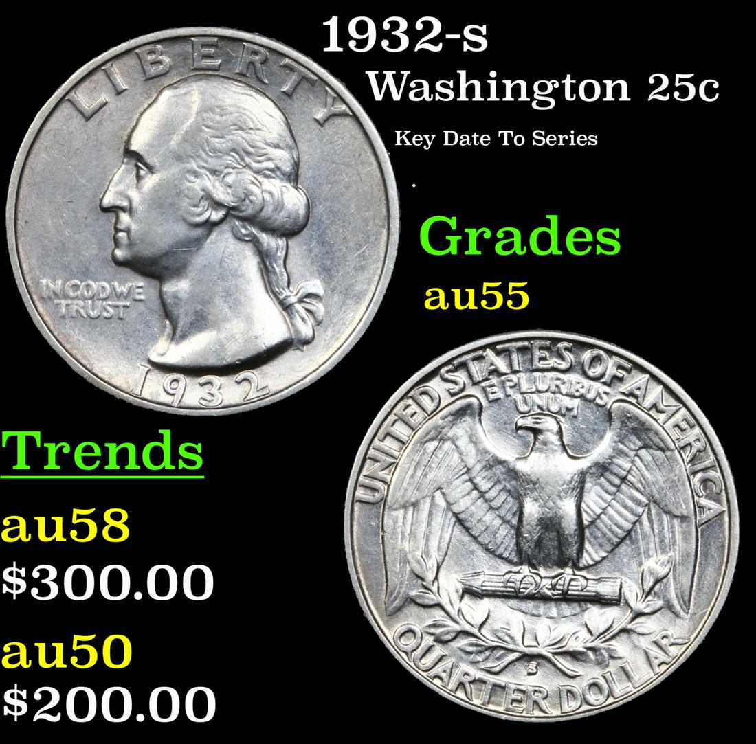 1932-s Washington Quarter 25c Grades Choice AU: 1932-s Washington Quarter 25c Grades Choice AU. One of the Keys to the series. According to David Hall, from PCGS The 1932-s is the 2nd rarest of the Washington quarters. There are only two Washington
