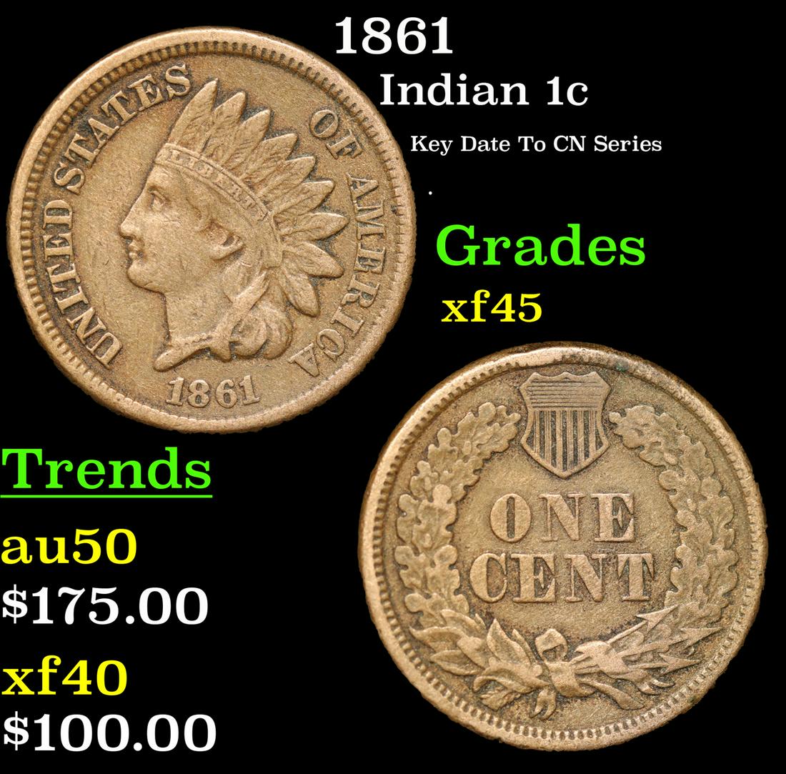 1861 Indian Cent 1c Grades xf+: 1861 Indian Cent 1c Grades xf+. Key Date. According to David Hall, The 1861 is the lowest mintage of the 1860-64 copper-nickel Indian cents. It is the rarest copper-nickel Indian cent in circulated gr