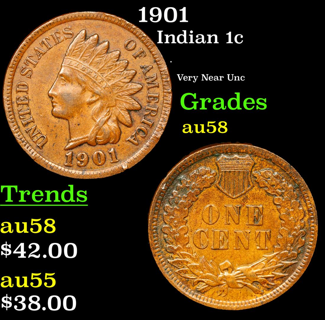 1901 Indian Cent 1c Grades Choice AU/BU Slider (1 of 3)