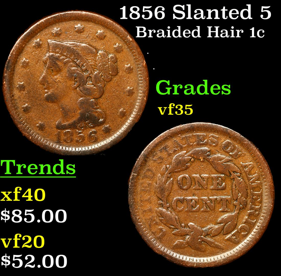 1856 Slanted 5 Braided Hair Large Cent 1c Grades vf++ (1 of 3)