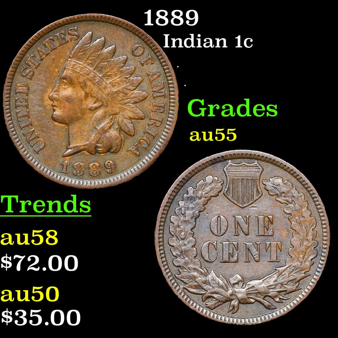 1889 Indian Cent 1c Grades Choice AU (1 of 3)