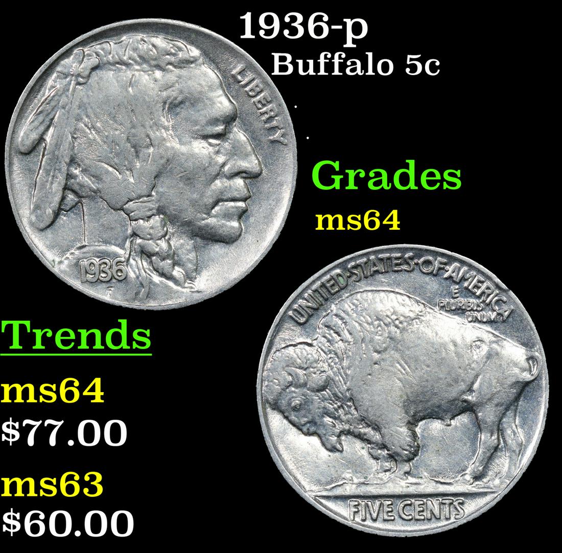 1936-p Buffalo Nickel 5c Grades Choice Unc (1 of 3)