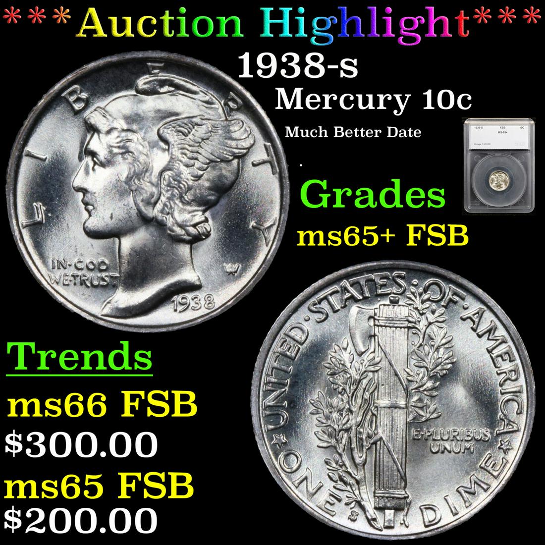 1938-s Mercury Dime 10c Graded ms65+ FSB By SEGS (fc) (1 of 5)