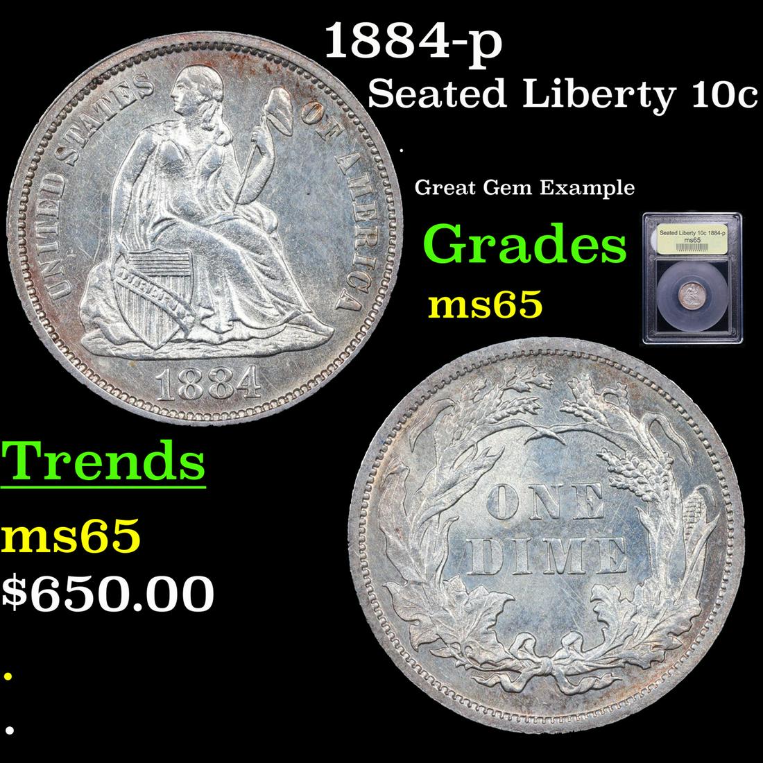 1884-p Seated Liberty Dime 10c Graded GEM Unc By USCG (1 of 5)