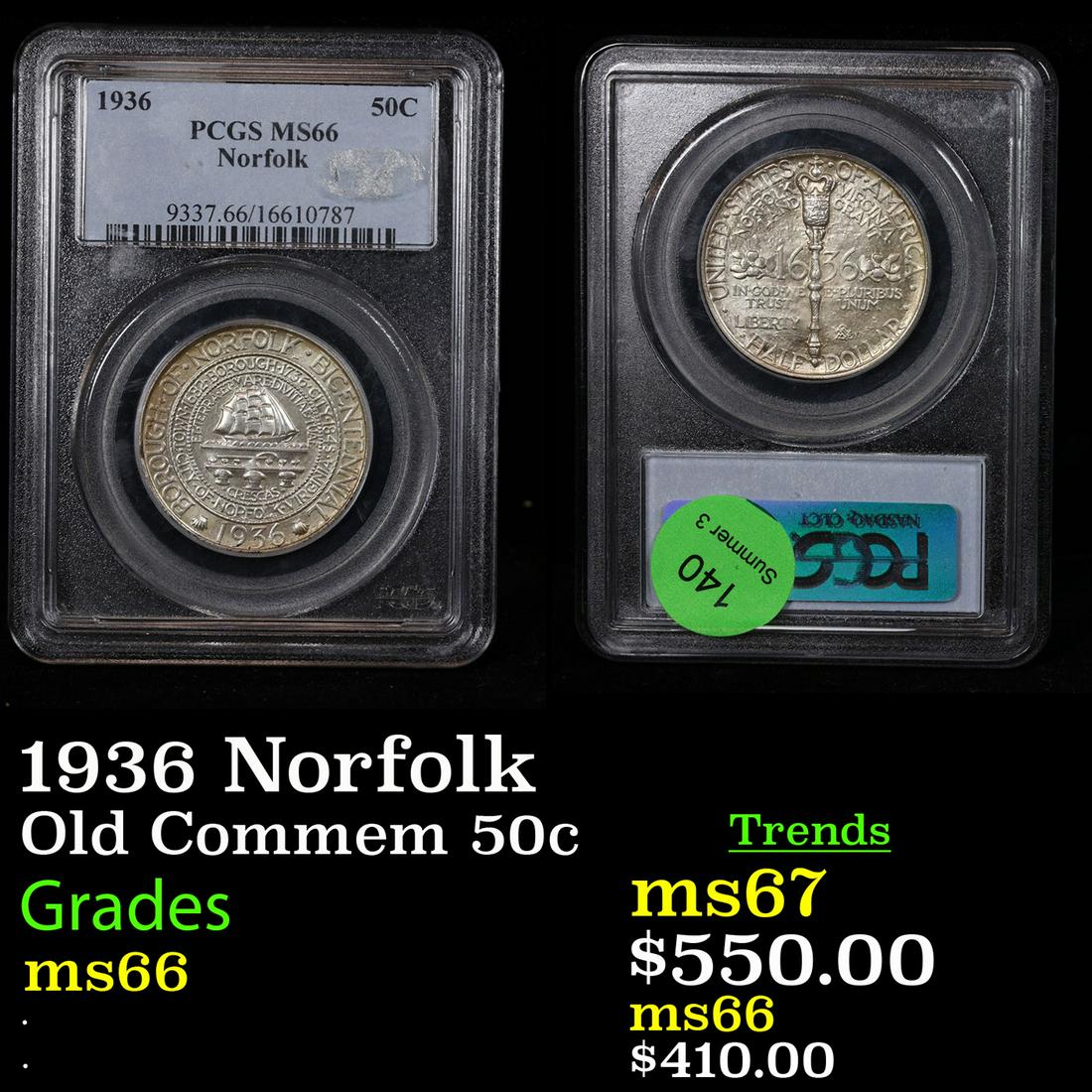PCGS 1936 Norfolk Old Commem Half Dollar 50c Graded ms66 By PCGS (1 of 3)