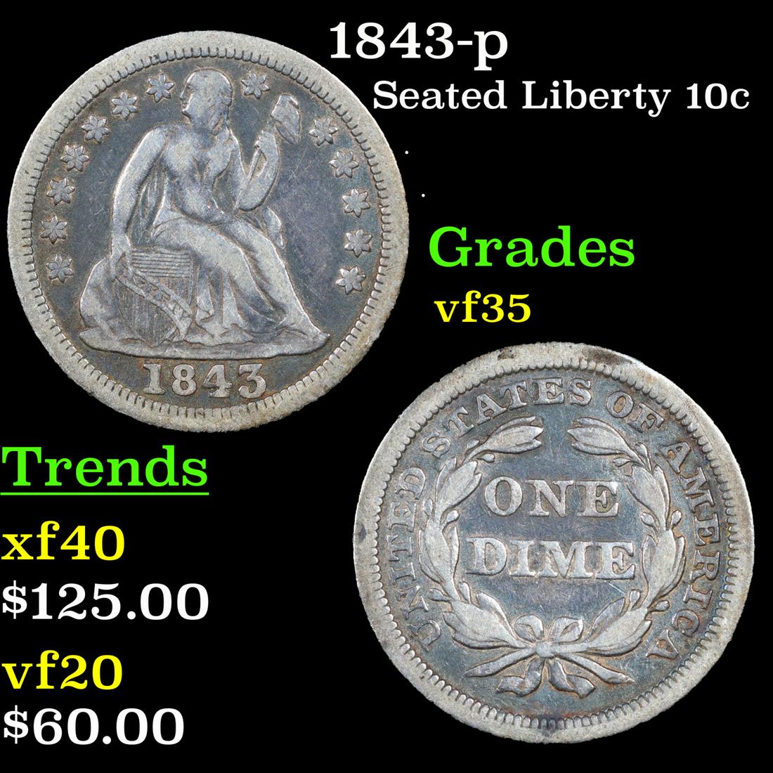 1843-p Seated Liberty Dime 10c Grades vf++ (1 of 3)