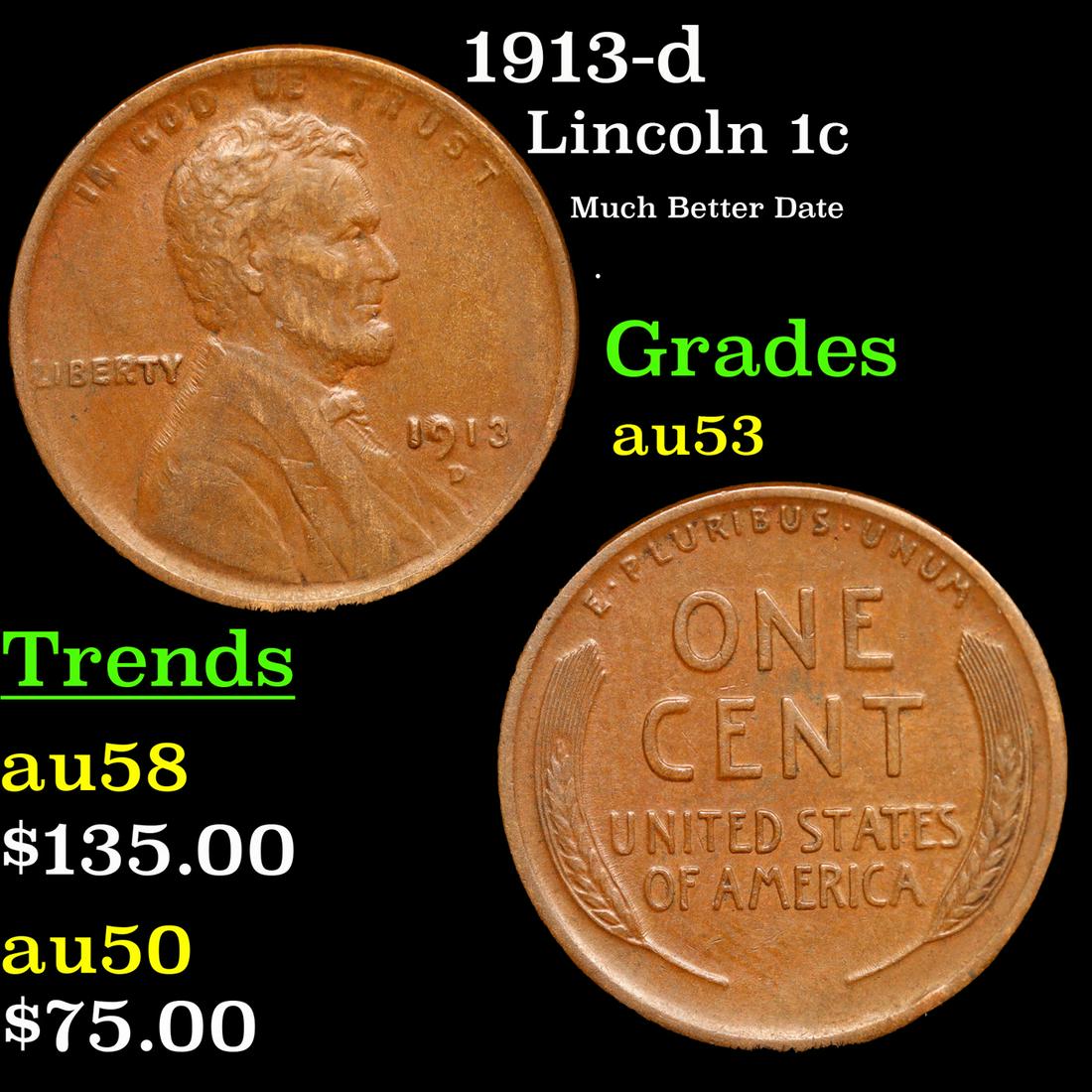 1913-d Lincoln Cent 1c Grades Select AU (1 of 3)