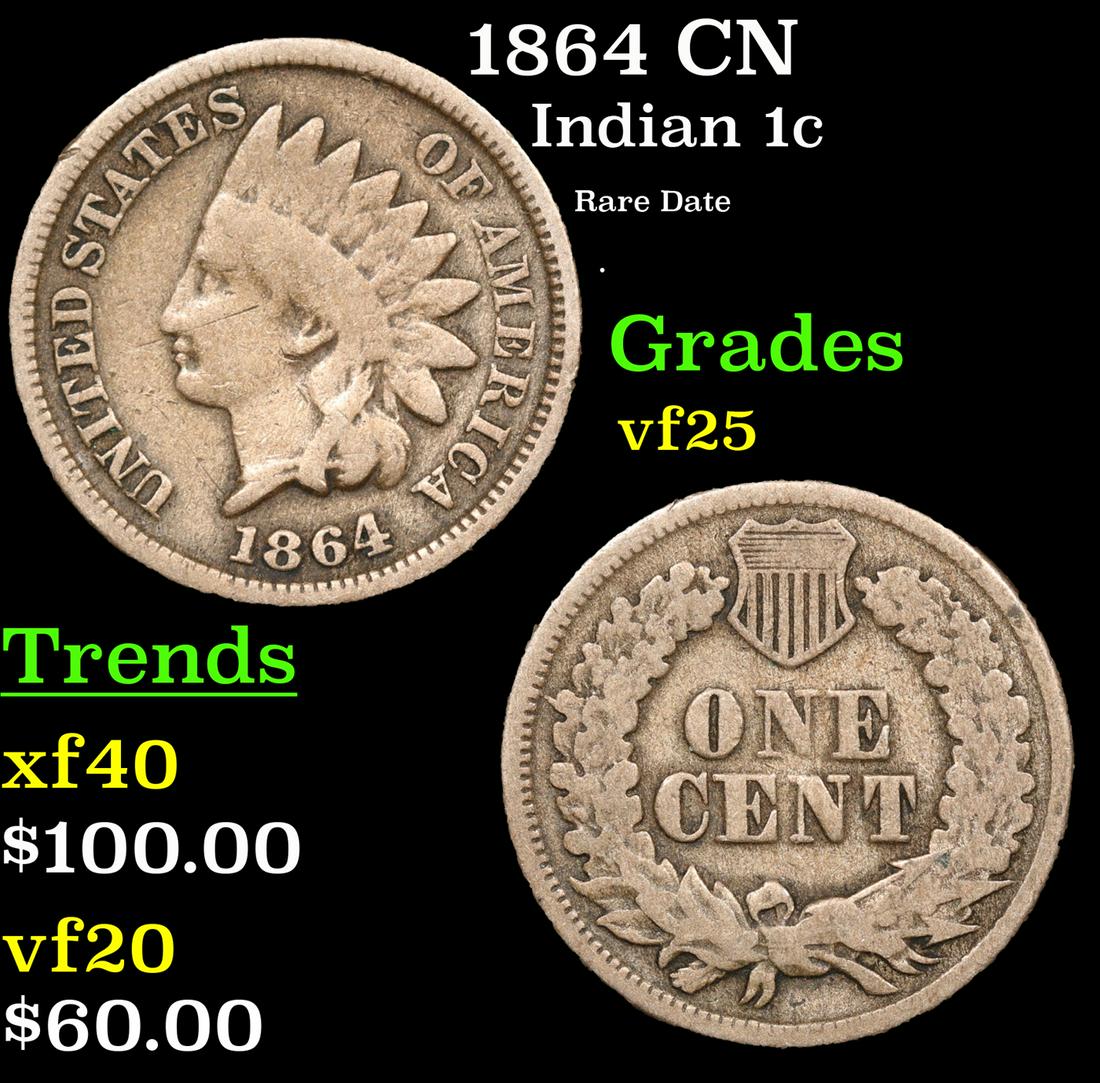 1864 CN Indian Cent 1c Grades vf+ (1 of 3)
