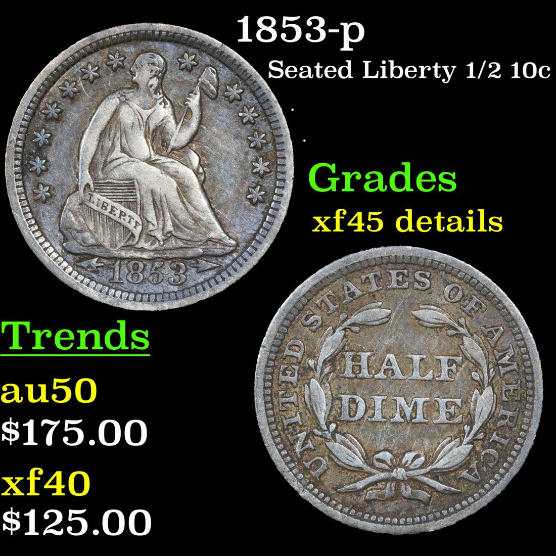 1853-p Seated Liberty Half Dime 1/2 10c Grades xf details (1 of 3)