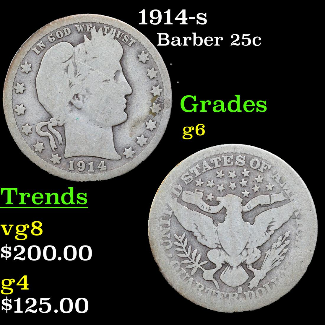 1914-s Barber Quarter 25c Grades g+ (1 of 3)