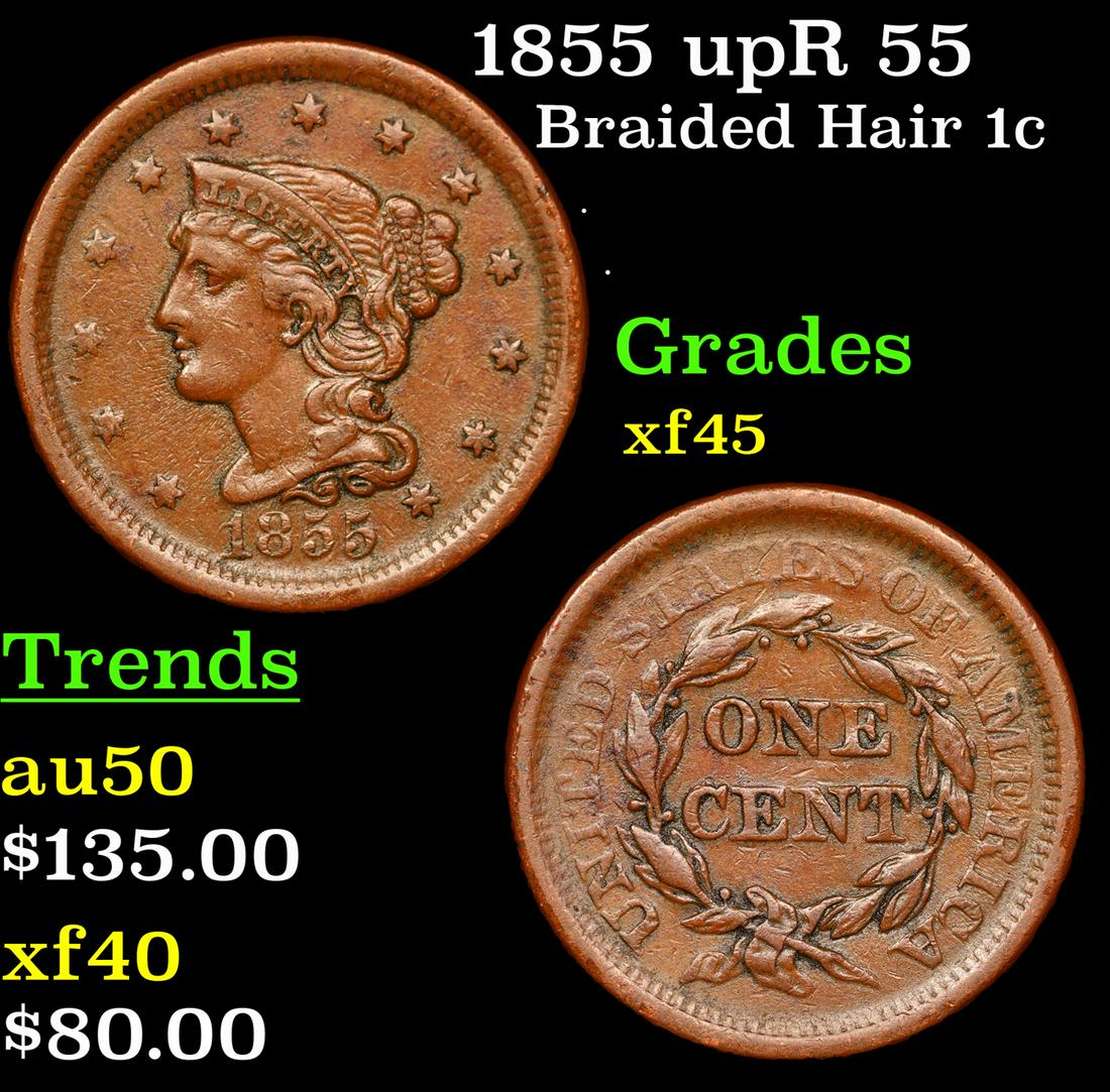 1855 upR 55 Braided Hair Large Cent 1c Grades xf+ (1 of 3)