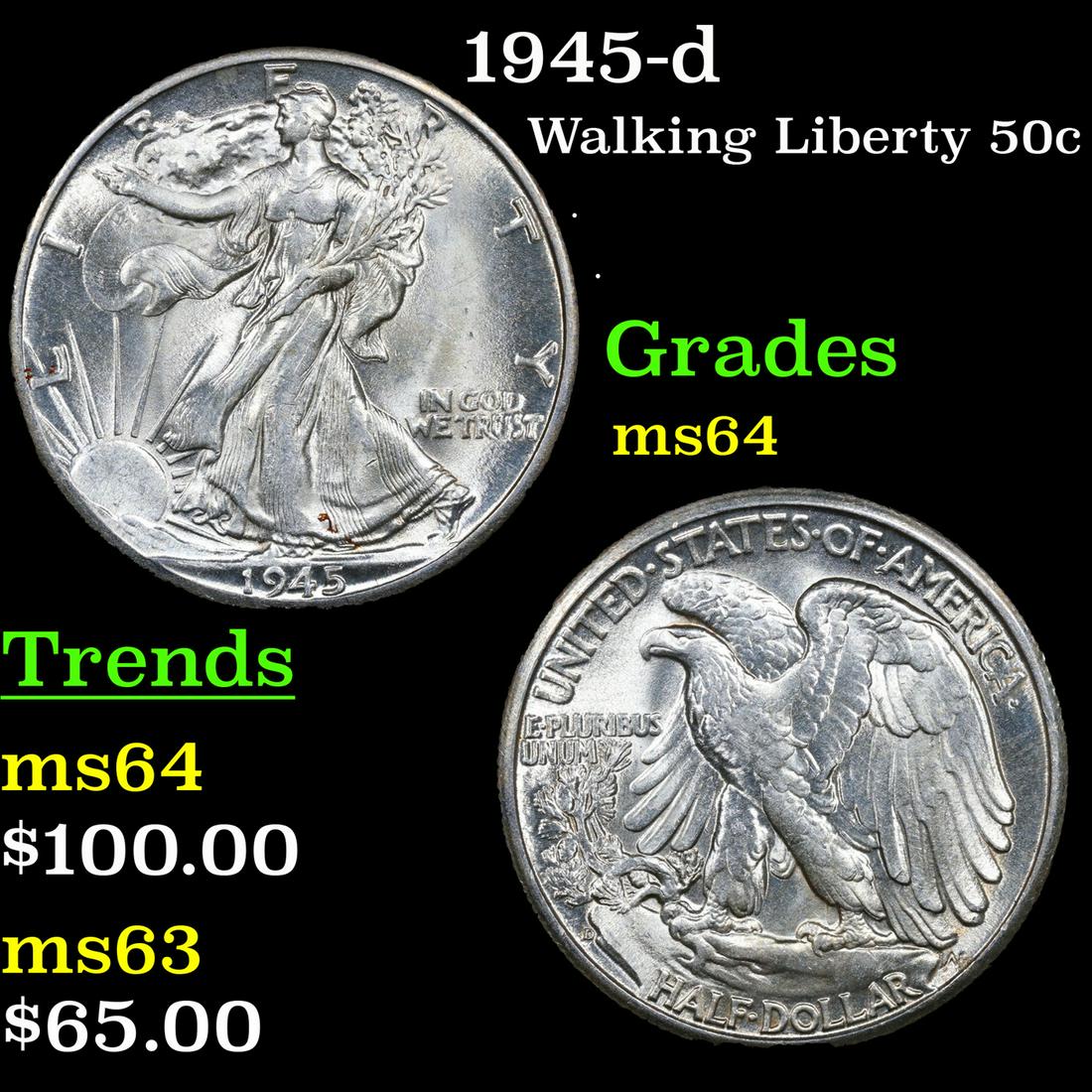1945-d Walking Liberty Half Dollar 50c Grades Choice Unc (1 of 3)