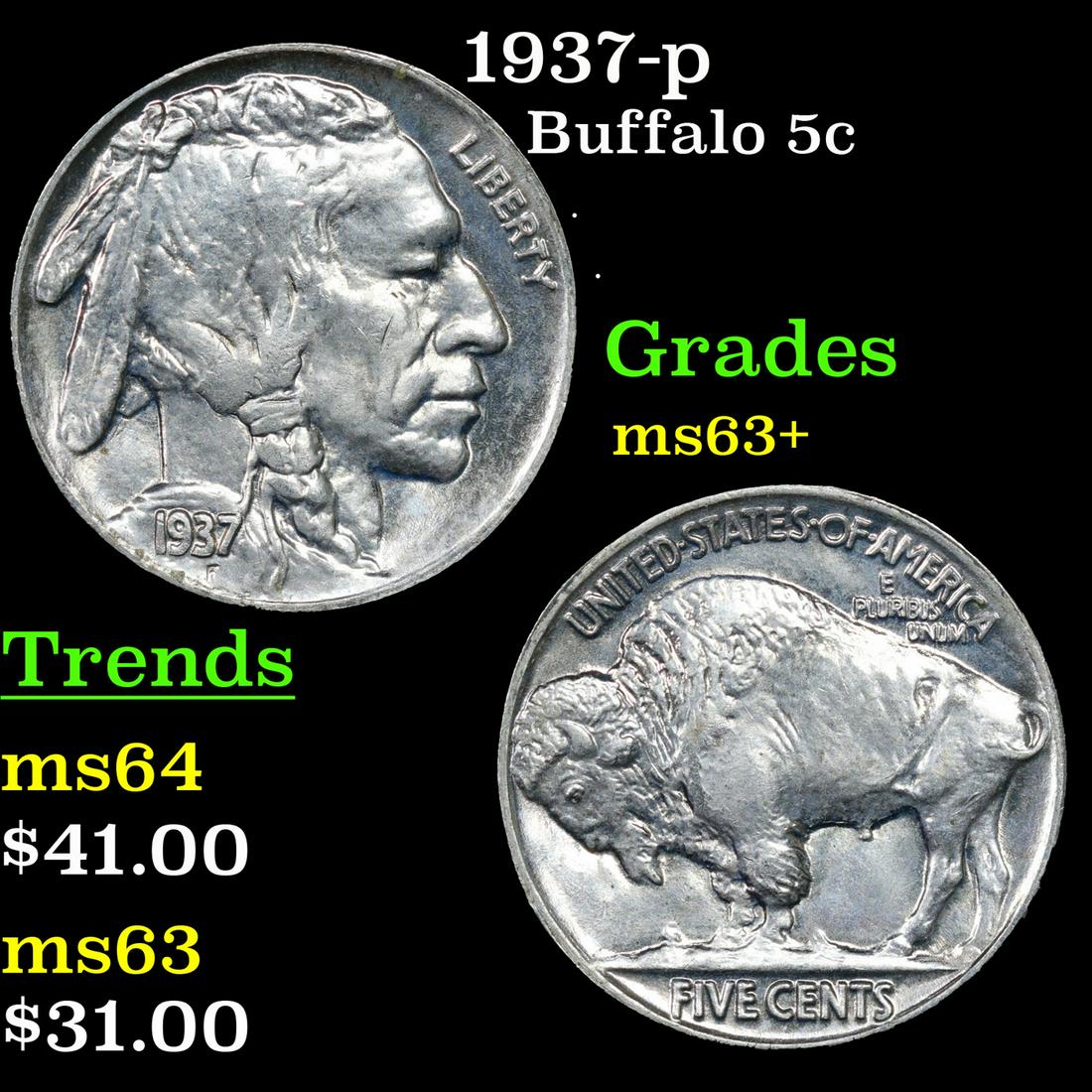 1937-p Buffalo Nickel 5c Grades Select+ Unc (1 of 3)