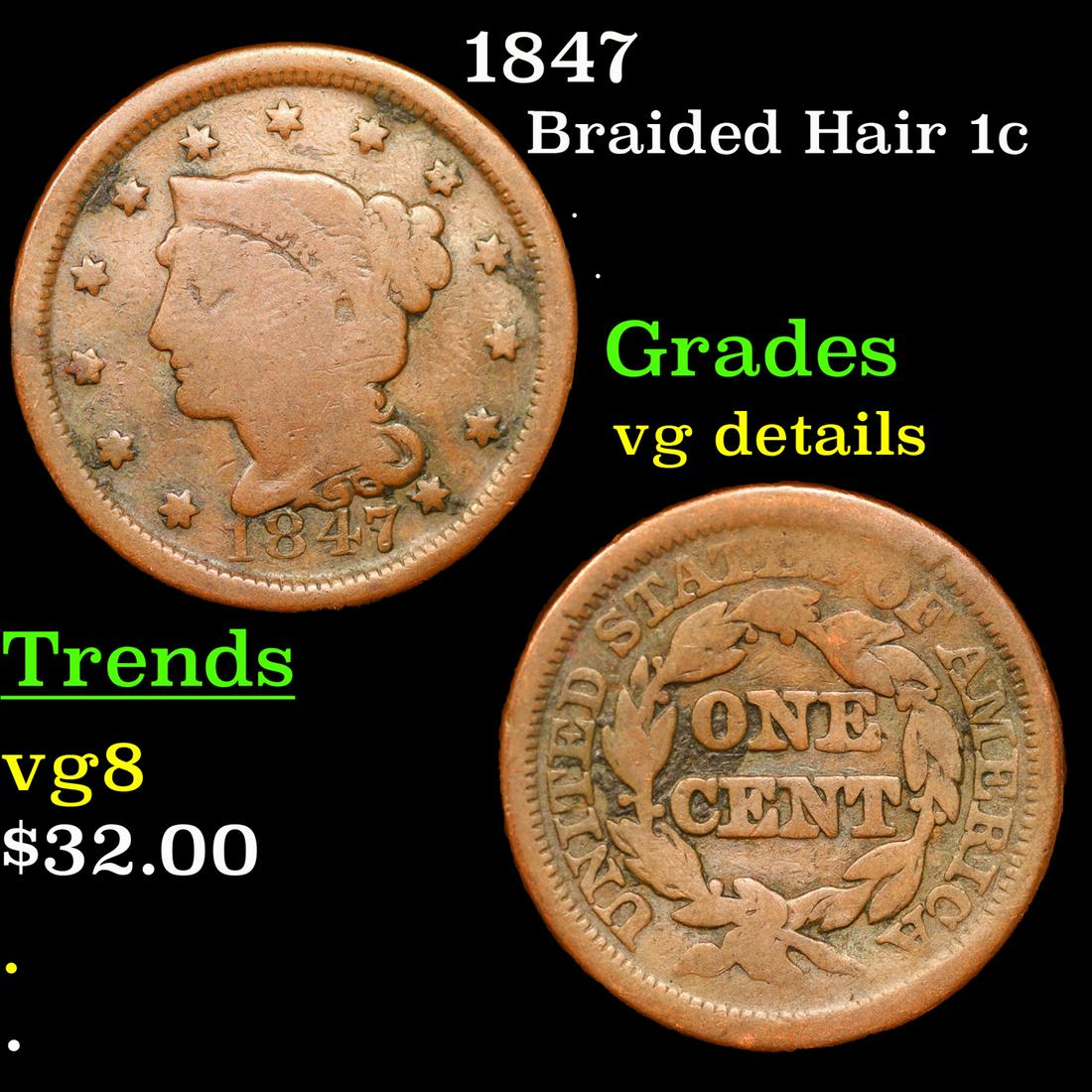 1847 Braided Hair Large Cent 1c Grades vg details (1 of 3)