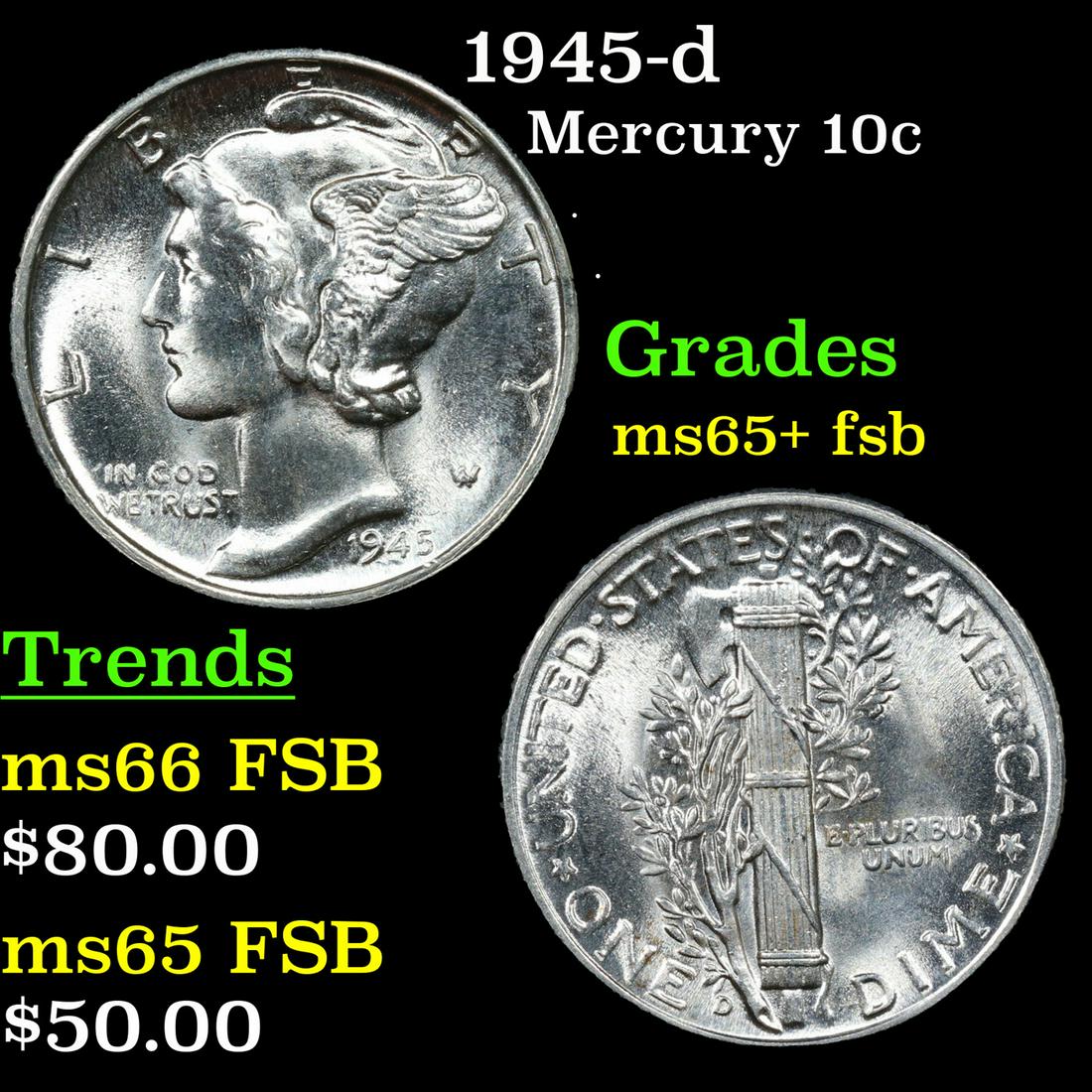 1945-d Mercury Dime 10c Grades GEM+ FSB (1 of 3)