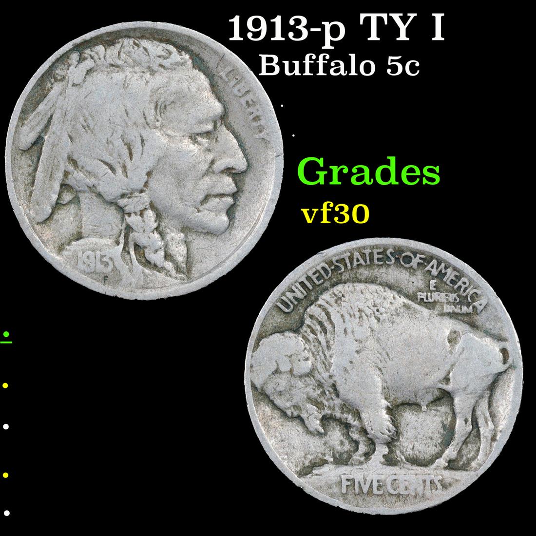 1913-p TY I Buffalo Nickel 5c Grades vf++ (1 of 3)