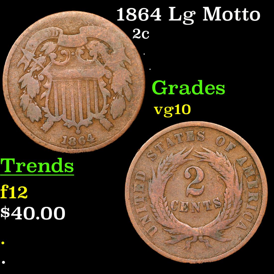 1864 Lg Motto Two Cent Piece 2c Grades vg+ (1 of 3)