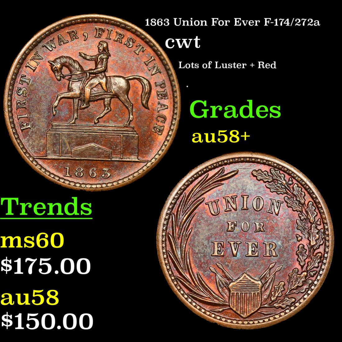 1863 Union For Ever Civil War Token F-174/272a 1c Grades Choice AU/BU Slider+: 1863 Union For Ever F-174/272a Civil War Token 1c Grades Choice AU/BU Slider+.