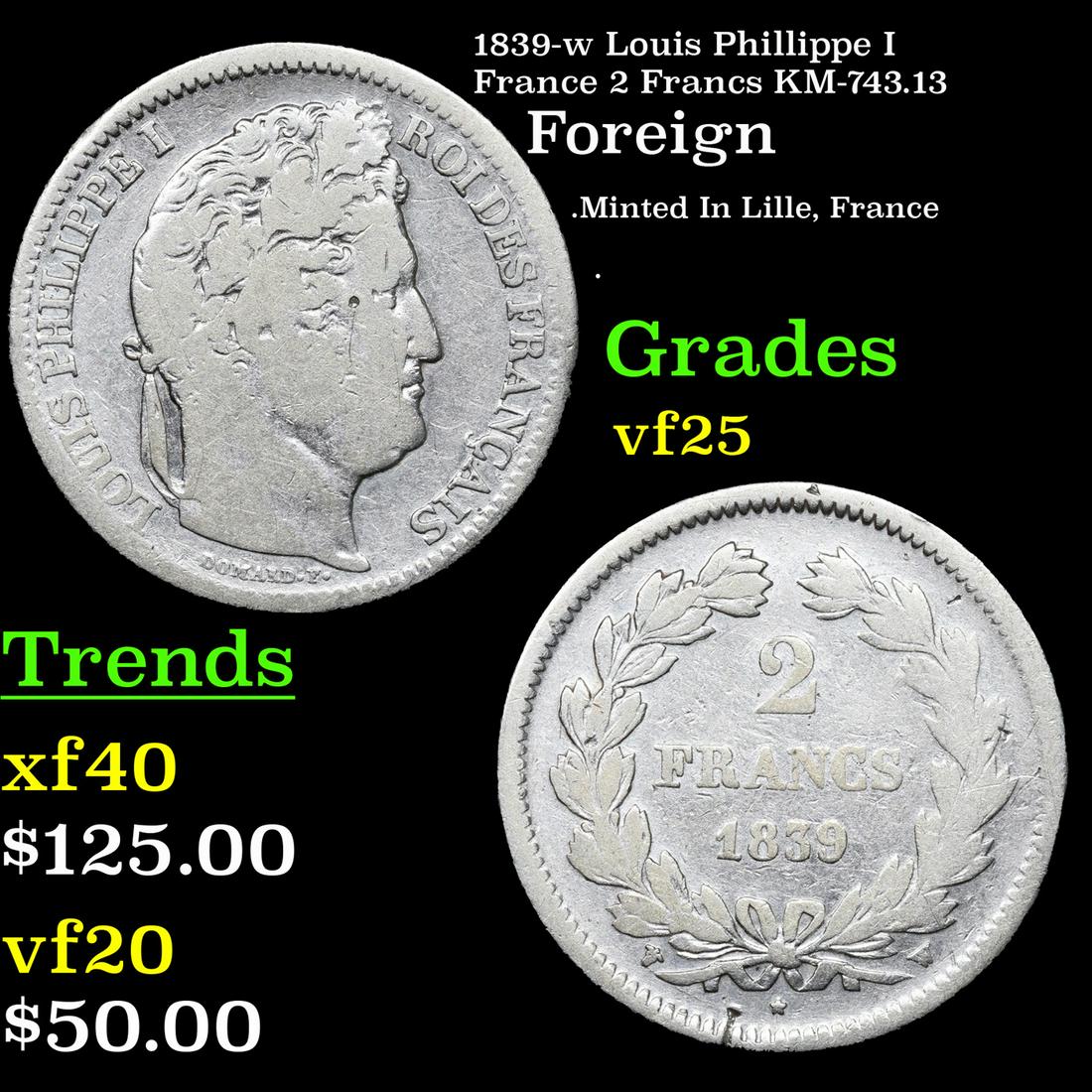1839-w Louis Phillippe I France 2 Francs KM-743.13 Grades vf+ (1 of 3)