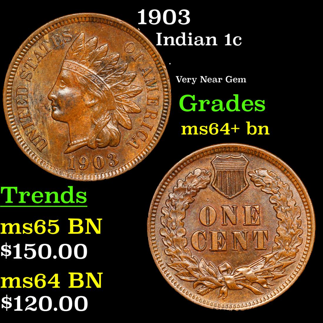 1903 Indian Cent 1c Grades Choice+ Unc BN (1 of 3)