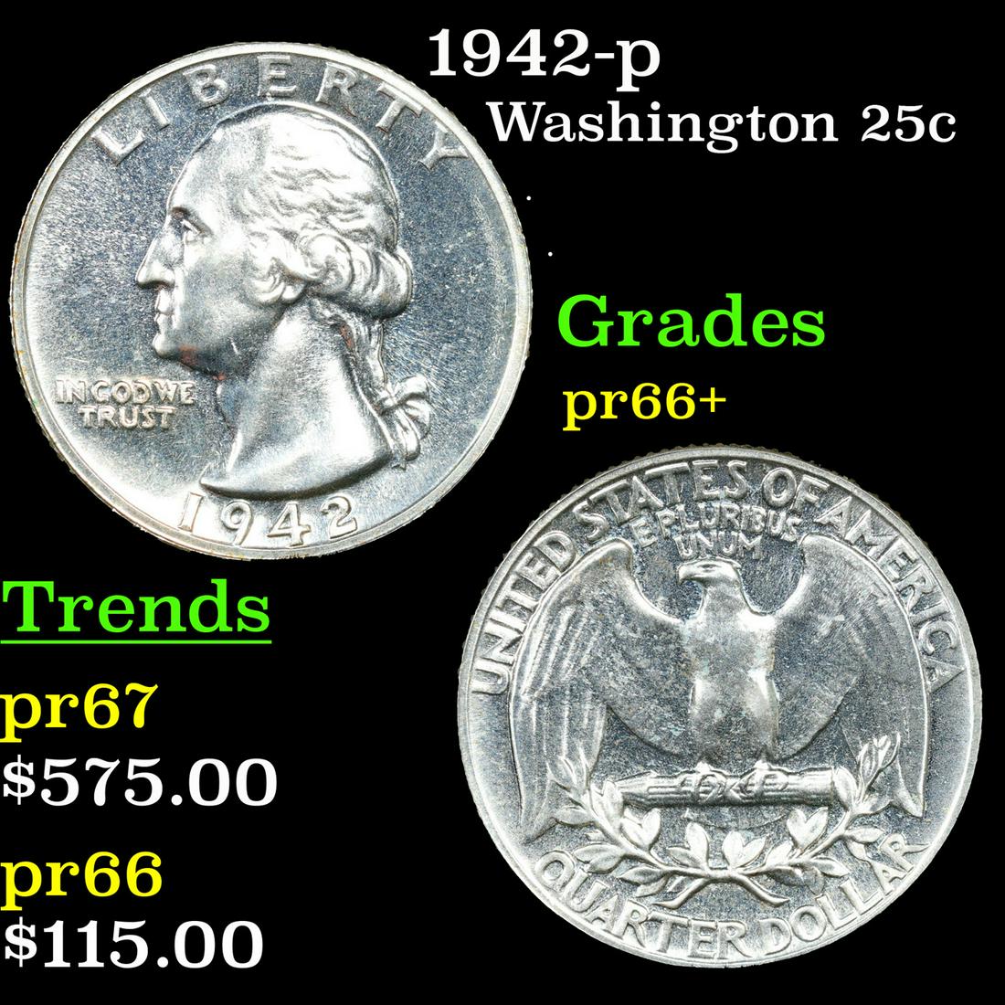 Proof 1942-p Washington Quarter 25c Grades GEM++ Proof (1 of 3)