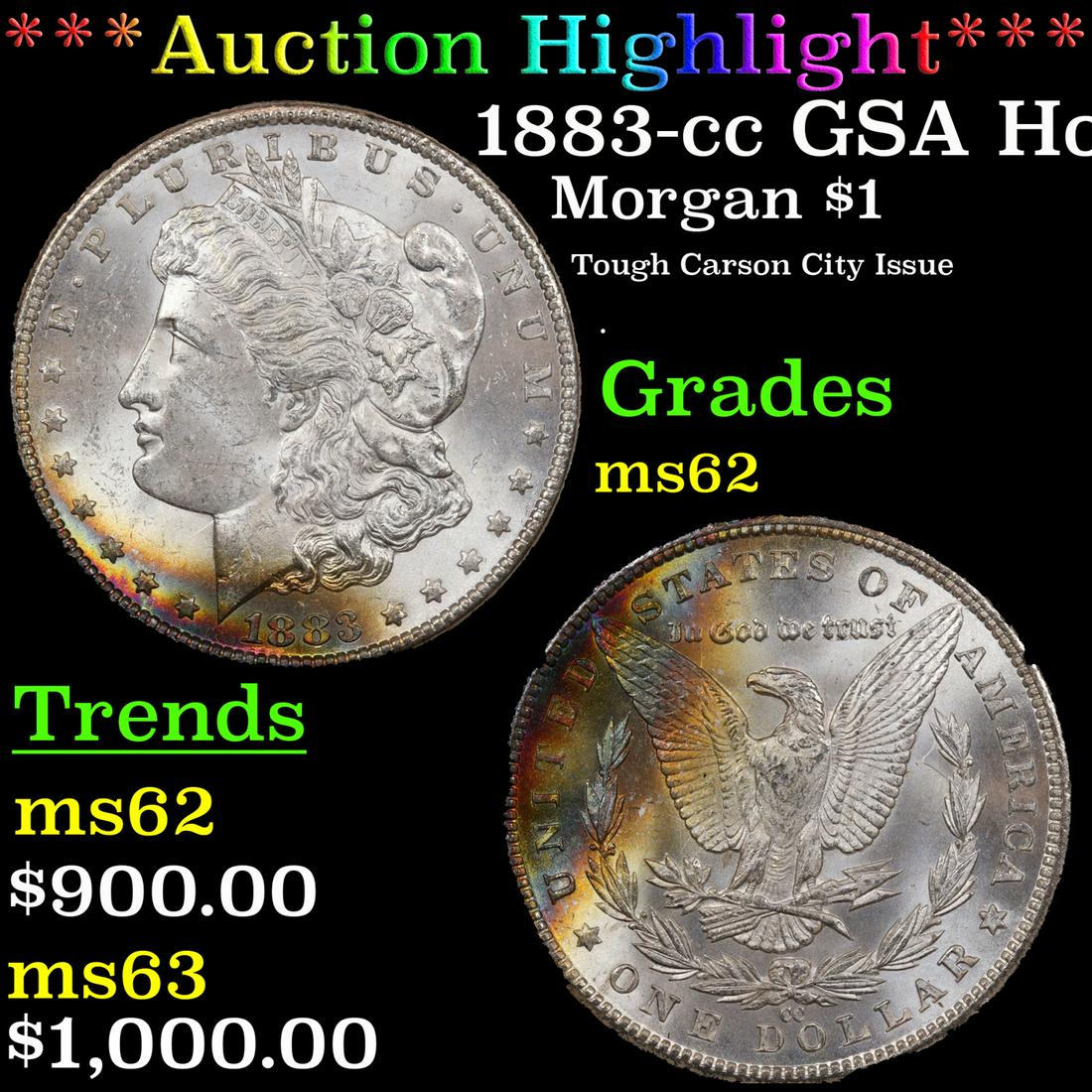 ***Auction Highlight*** NGC 1883-cc Morgan Dollar GSA Hoard Rainbow Toned $1 Graded ms62 By NGC (fc) (1 of 5)