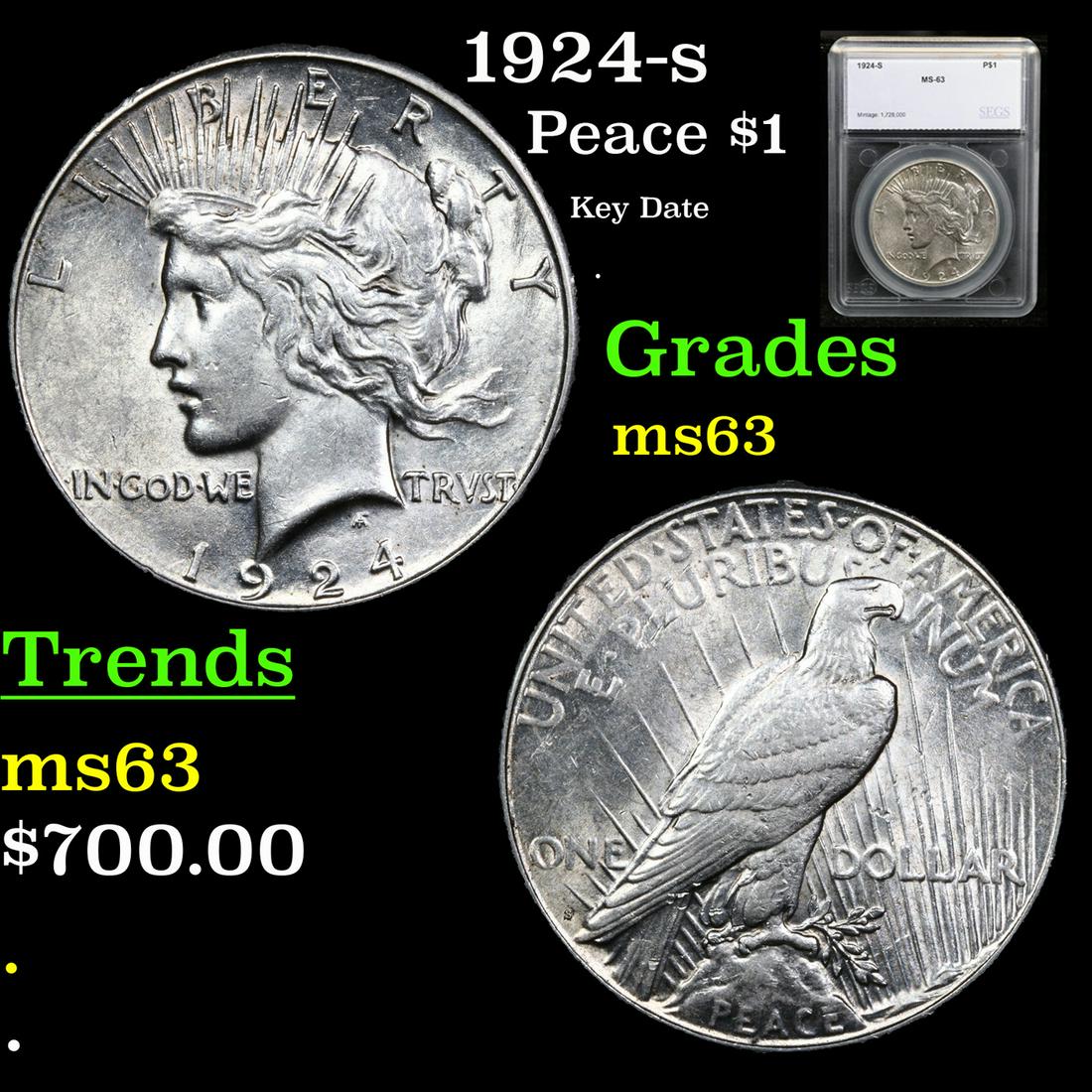 1924-s Peace Dollar $1 Graded ms63 By SEGS (1 of 5)