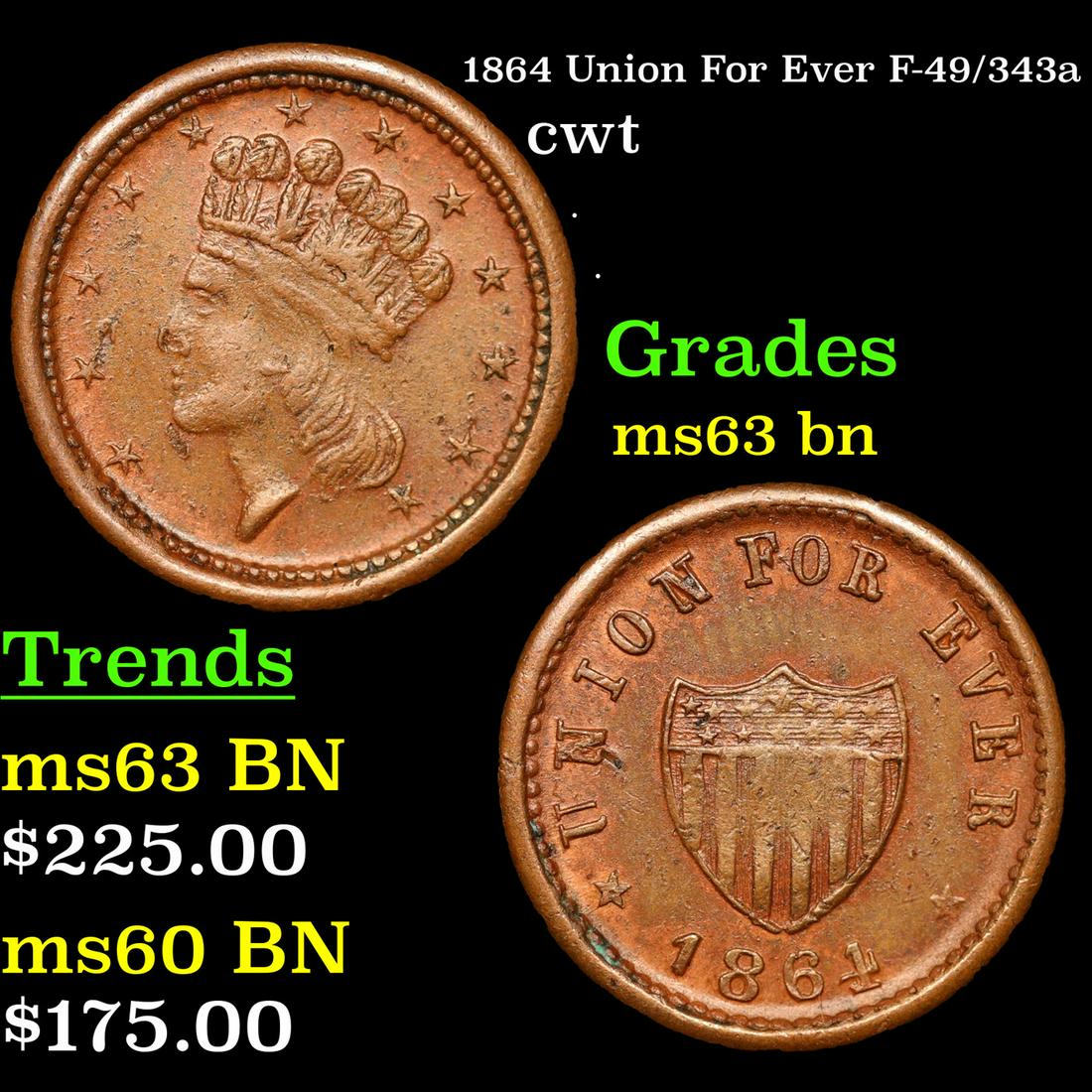 1864 Union For Ever Civil War Token F-49/343a 1c Grades Select Unc BN (1 of 3)