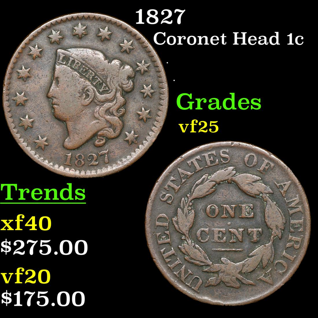 1827 Coronet Head Large Cent 1c Grades vf+ (1 of 3)