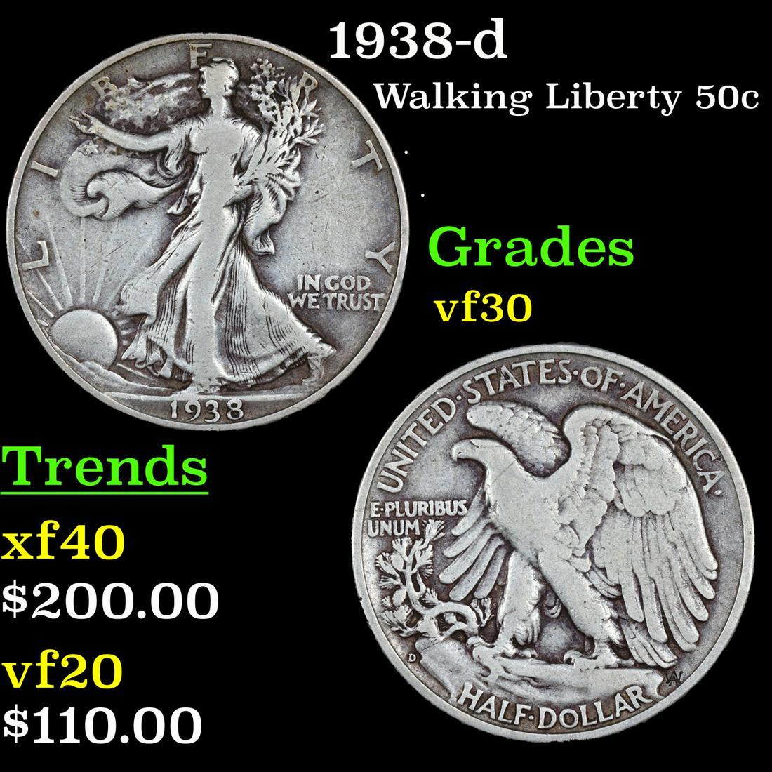 1938-d Walking Liberty Half Dollar 50c Grades vf++ (1 of 3)