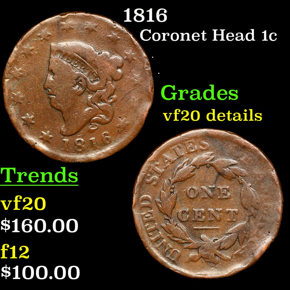 1816 Coronet Head Large Cent 1c Grades vf details (1 of 3)