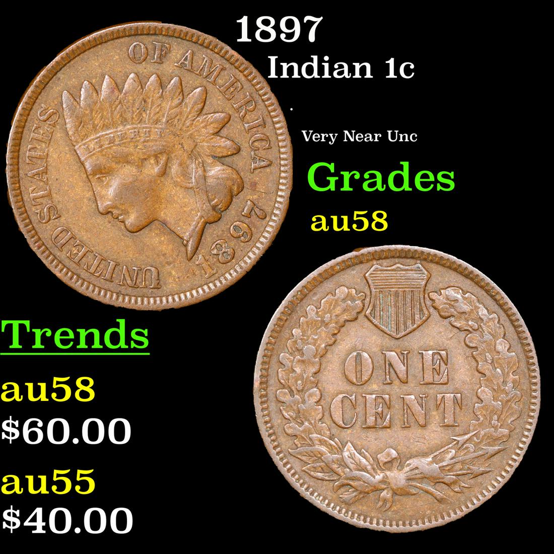 1897 Indian Cent 1c Grades Choice AU/BU Slider (1 of 3)
