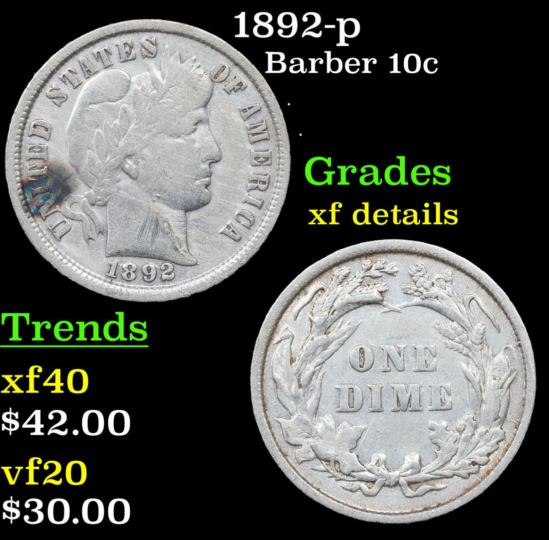 1892-p Barber Dime 10c Grades xf details (1 of 3)