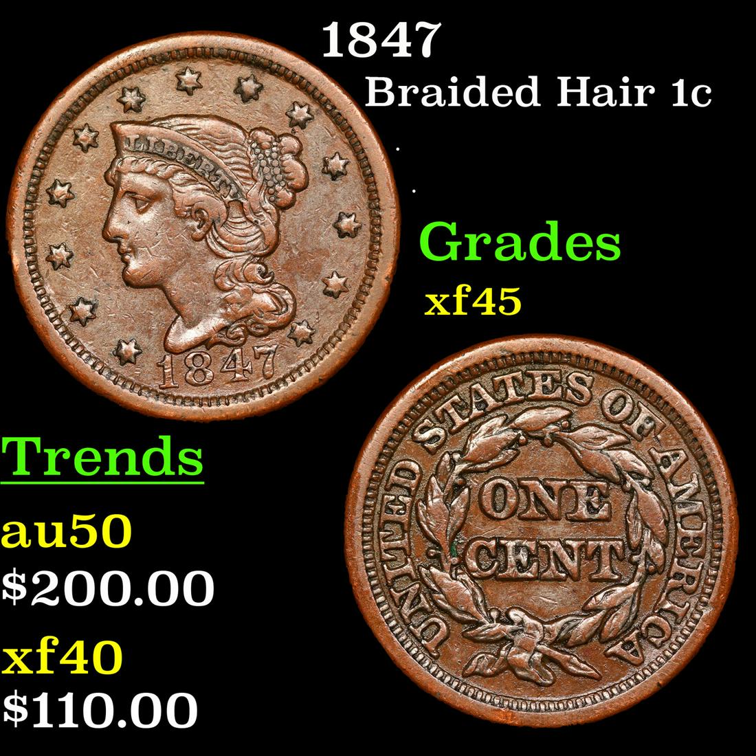 1847 Braided Hair Large Cent 1c Grades xf+ (1 of 3)