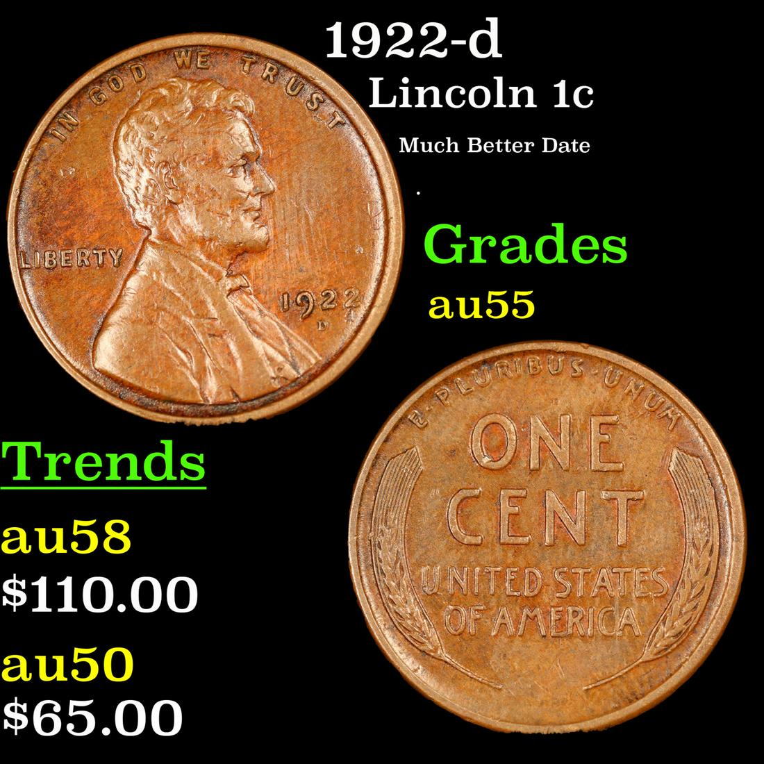1922-d Lincoln Cent 1c Grades Choice AU (1 of 3)