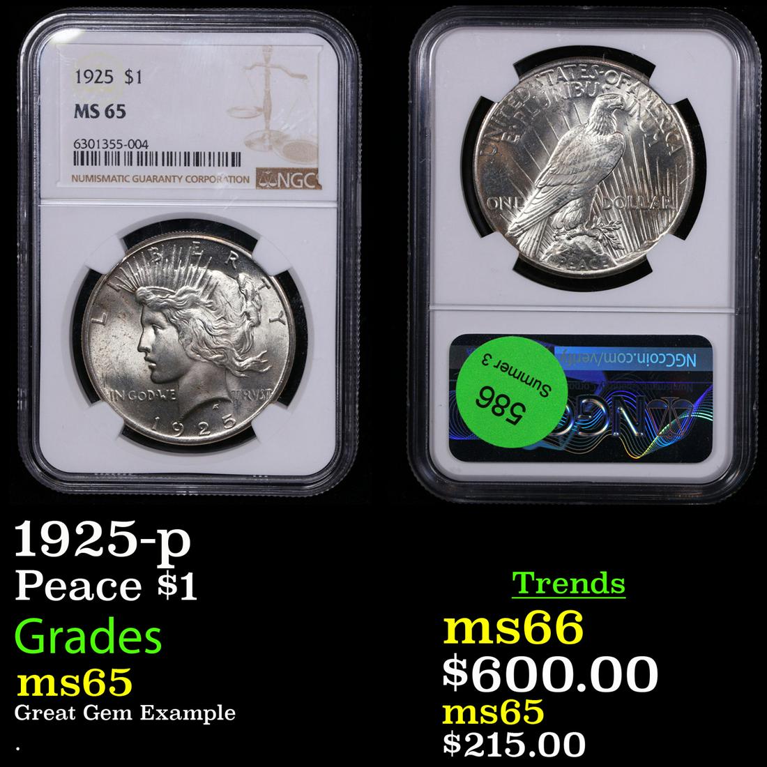 NGC 1925-p Peace Dollar $1 Graded ms65 By NGC (1 of 3)