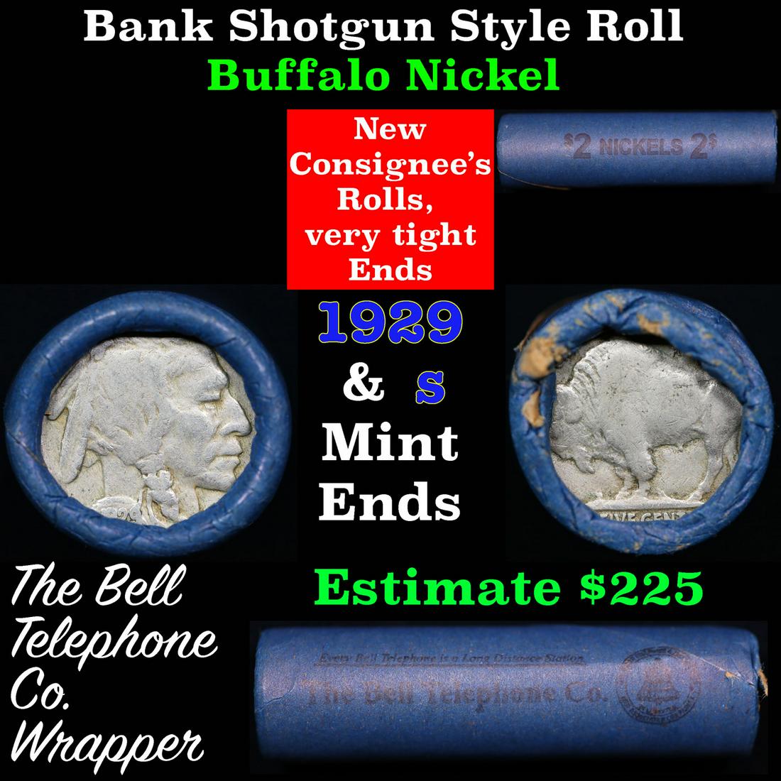 Buffalo Nickel Shotgun Roll in Old Bank Style 'Bell Telephone'  Wrapper 1929 & s Mint Ends (1 of 5)
