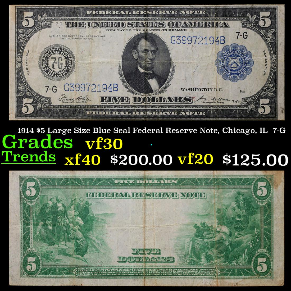1914 $5 Large Size Blue Seal Federal Reserve Note, Chicago, IL  7-G Grades vf++ (1 of 3)