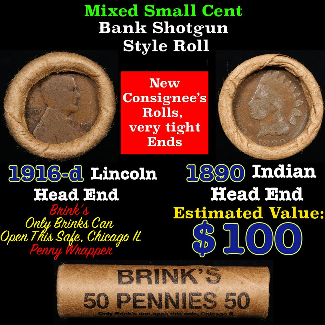 Mixed small cents 1c orig shotgun roll, 1916-d  Wheat Cent, 1890 Indian Cent other end, Brinks Wrapp (1 of 4)