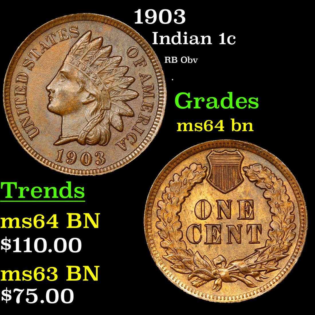 1903 Indian Cent 1c Grades Choice Unc BN (1 of 3)