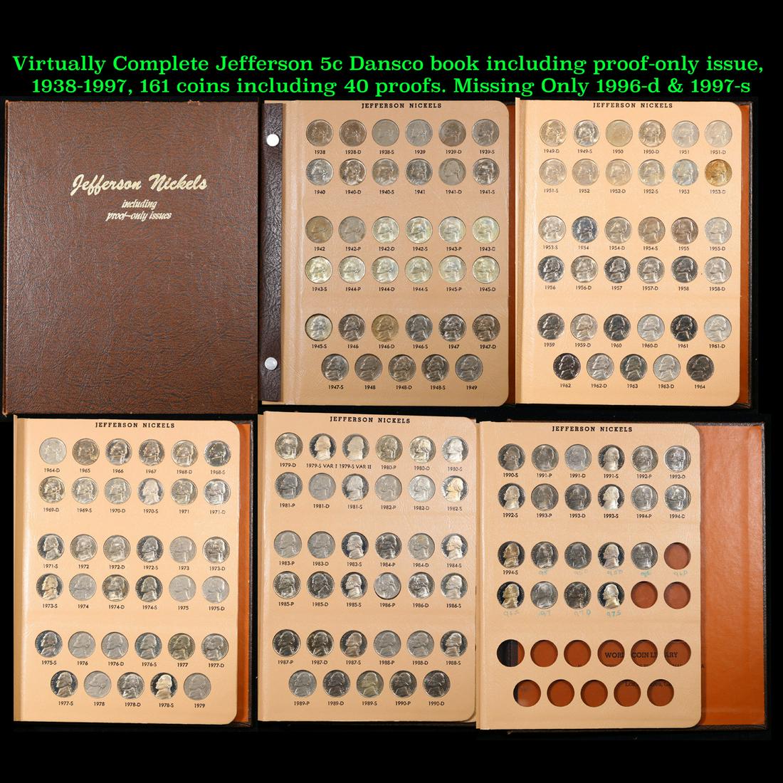 Virtually Complete Jefferson 5c Dansco book including proof-only issue, 1938-1997, 161 coins (1 of 7)