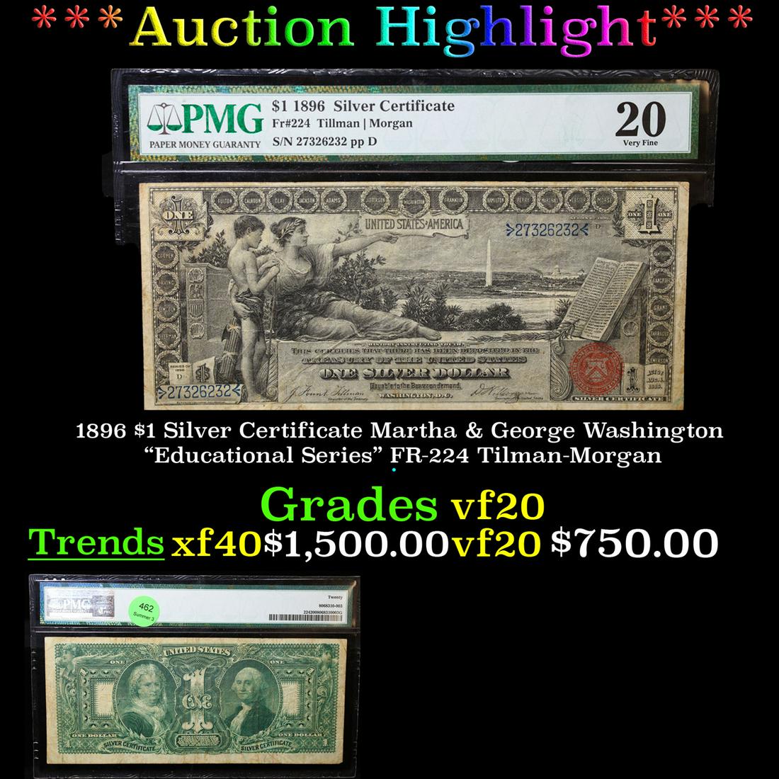 ***Auction Highlight*** 1896 $1 Silver Certificate Martha & George Washington "Educational Series" (1 of 3)