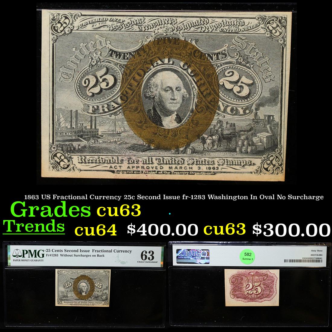 1863 US Fractional Currency 25c Second Issue fr-1283 Washington In Oval No Surcharge Graded cu63 By (1 of 4)