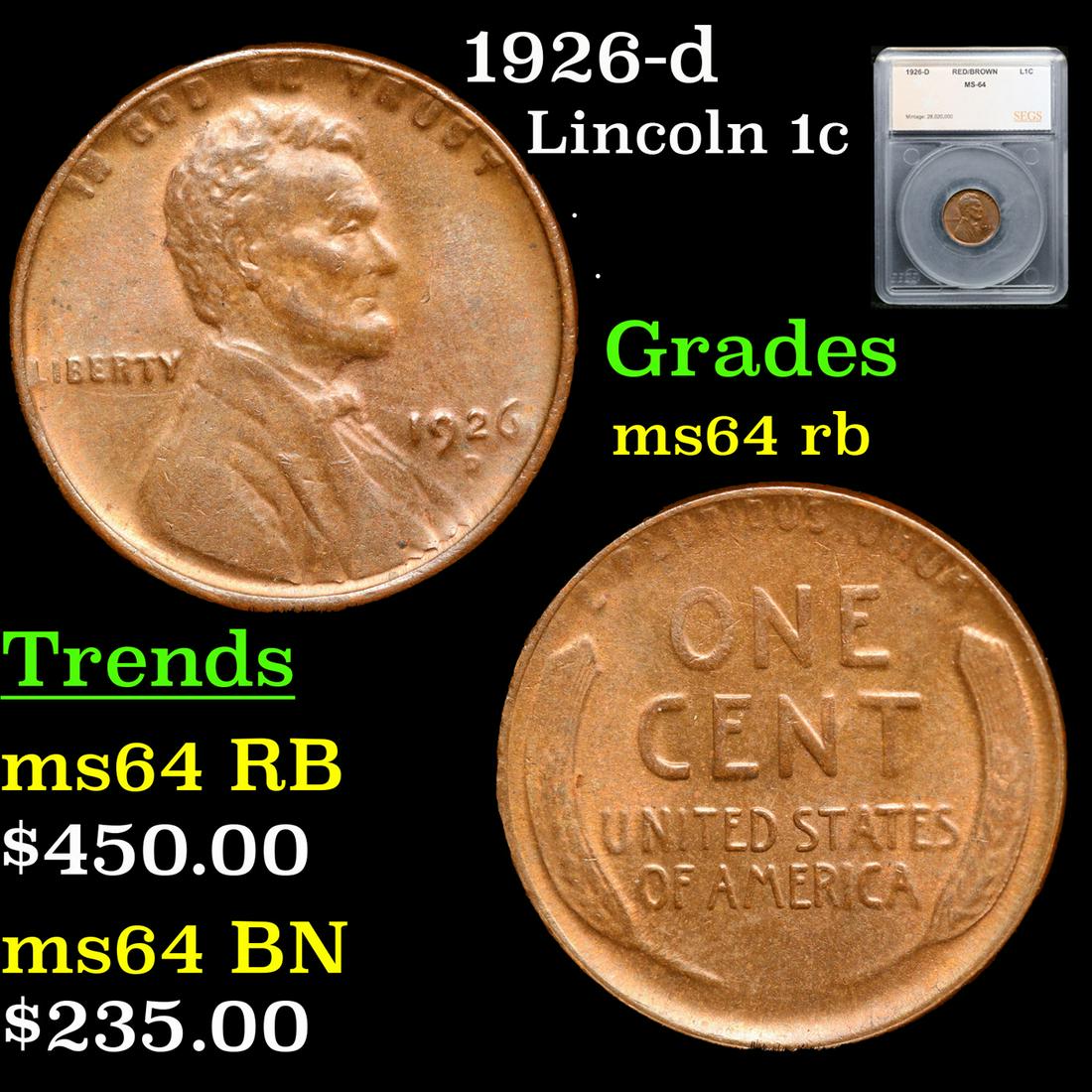 1926-d Lincoln Cent 1c Graded ms64 rb By SEGS (1 of 5)