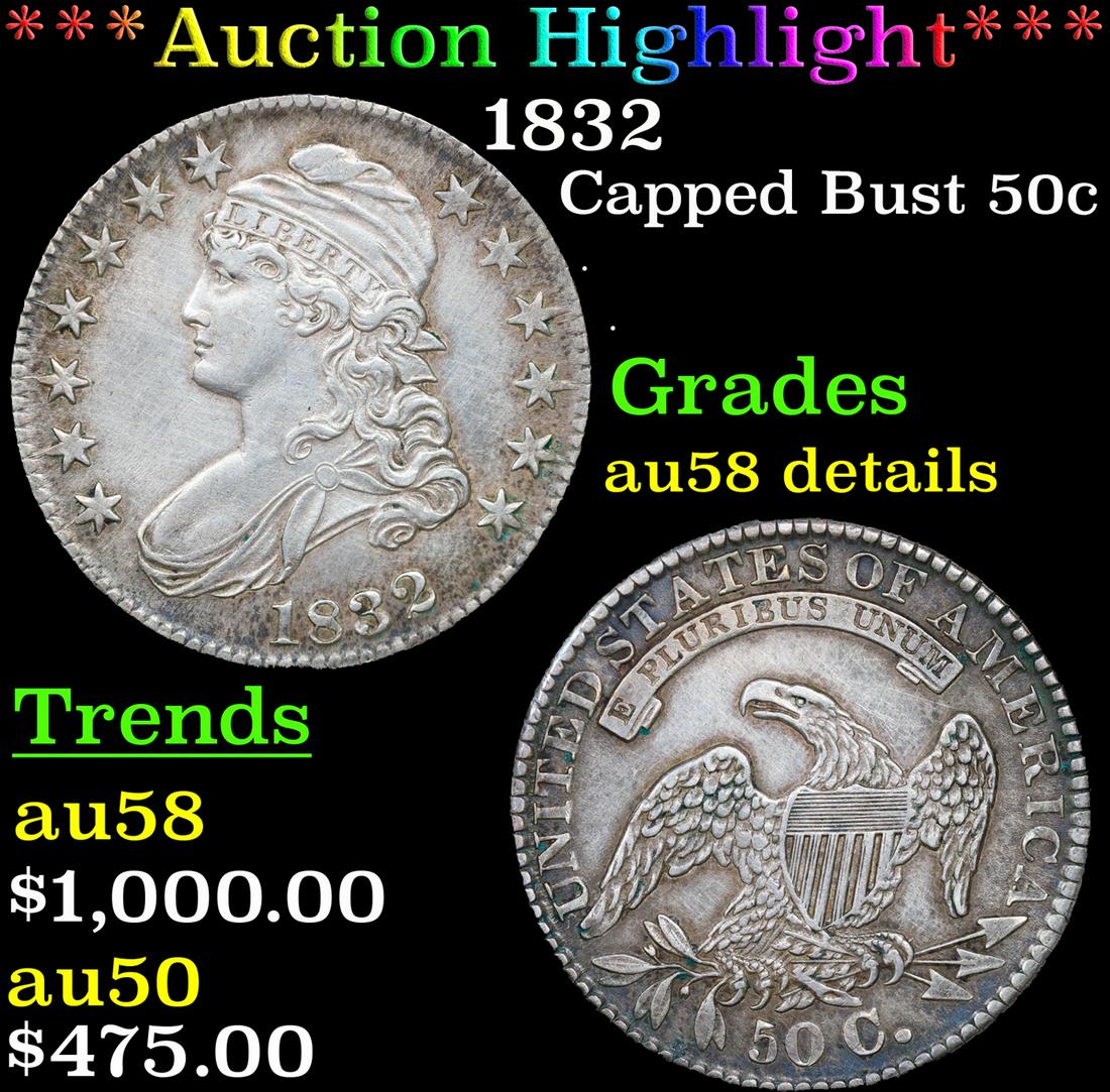 ***Auction Highlight*** 1832 Capped Bust Half Dollar 50c Graded au58 details By SEGS (fc) (1 of 5)
