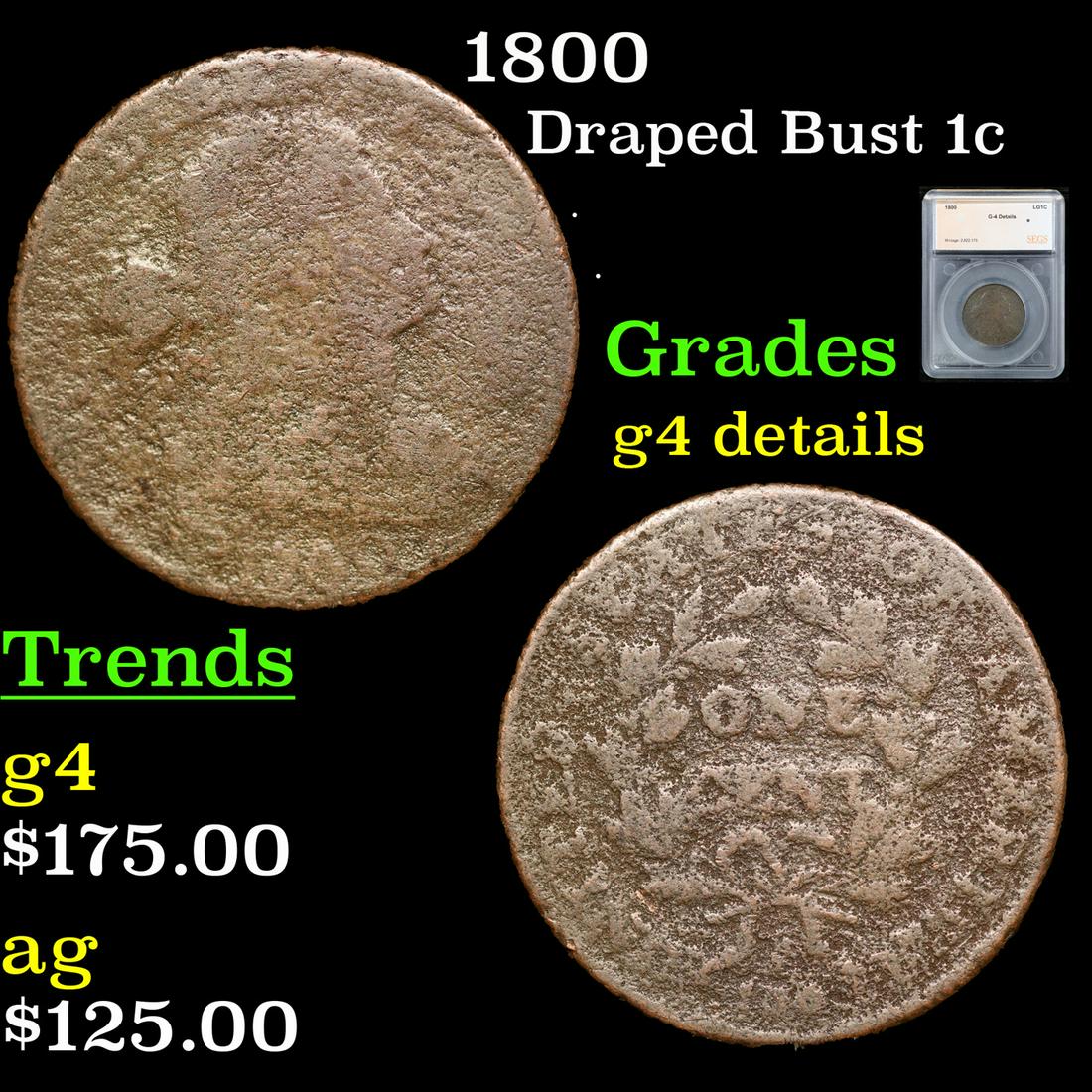 1800 Draped Bust Large Cent 1c Graded g4 details By SEGS (1 of 5)